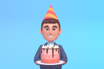 3d render of cheerful businessman in suit holding birthday cake