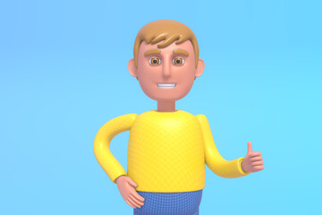 3d render of cheerful young man showing thumb up gesture