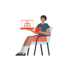 Fototapeta premium A man holds a laptop and a processor chip in his hands. Internet of things concept. Isolated. Trendy flat style. Vector illustration.