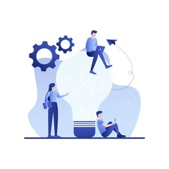 Vector flat illustration, business meeting and brainstorming, business concept for teamwork, searching for new solutions, little people are sitting on light bulbs in search of ideas.