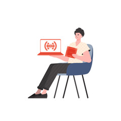 A man holds a laptop and a processor chip in his hands. Internet of things and automation concept. Isolated. Vector illustration in flat style.