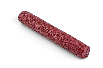 Italian sausage. Tasty dried sausage, close-up, isolated on white background.