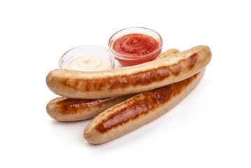 Grilled Bavarian sausages, isolated on white background.