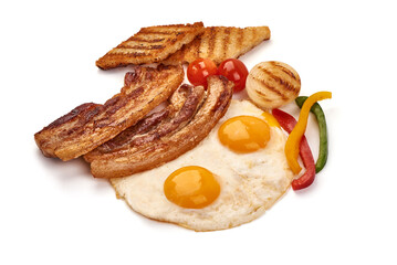Grilled pork bacon with scrambled eggs , isolated on white background.