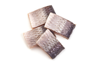 Marinated atlantic herring, sliced fish fillet, isolated on white background.