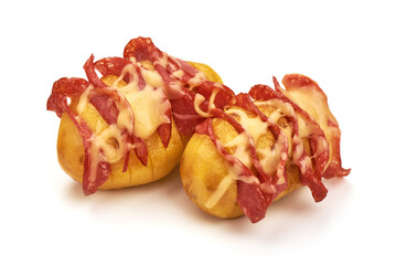 Baked loaded potatoes with cheese, isolated on white background.