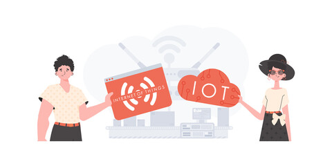 The girl and the guy are a team in the field of Internet of things. IOT and automation concept. Good for websites and presentations. Trendy flat style. Vector.