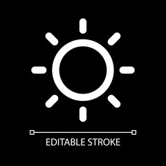 Sunny weather white linear ui icon for dark theme. Clear sky. Summertime. Weather prediction. Vector line pictogram. Isolated user interface symbol for night mode. Editable stroke. Arial font used