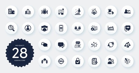 Set of Business icons, such as Search flight, Online education and Fireworks rocket flat icons. Avatar, Cardio training, Delivery notification web elements. Message, Teamwork chart. Vector