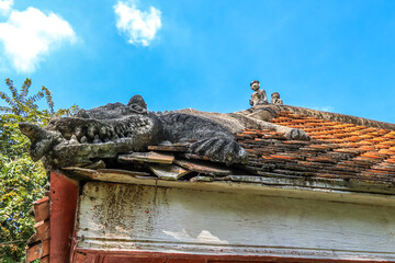 Taling Chan,Bangkok,Thailand on January8,2021:Crocodile sculptures at the sanctuary roof of Wat Champa.
