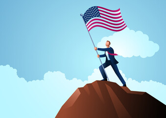 Businessman on top of the mountain holding the flag of USA