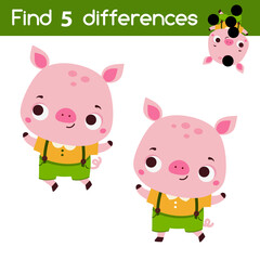 Naklejka premium Find the differences educational children game. Kids activity with cute pig