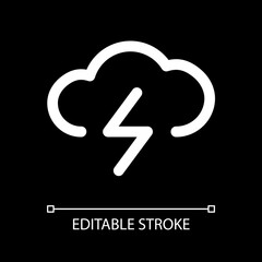 Lightning white linear ui icon for dark theme. Weather forecast and prediction. Vector line pictogram. Isolated user interface symbol for night mode. Editable stroke. Arial font used