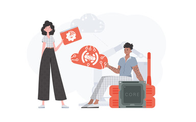 A man and a woman are a team in the field of the Internet of things. IoT concept. Good for presentations and websites. Trendy flat style. Vector.