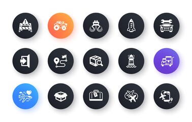 Minimal set of Rocket, Connecting flight and Ship flat icons for web development. Inventory cart, Warning road, Journey icons. Honeymoon travel, Exit, Tractor web elements. Open box. Vector