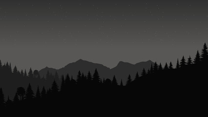 Silhouette landscape with fog, forest, pine trees, mountains. Illustration of night view, mist. Black and white. Good for wallpaper, background, banner, cover, poster.