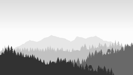 Silhouette landscape with fog, forest, pine trees, mountains. Illustration of national park view, mist. Black and white. Good for wallpaper, background, banner, cover, poster.