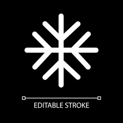 Snow white linear ui icon for dark theme. Winter weather prediction. Snowfall. Vector line pictogram. Isolated user interface symbol for night mode. Editable stroke. Arial font used