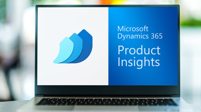 Computer with logo of Microsoft Dynamics 365 Product Insights