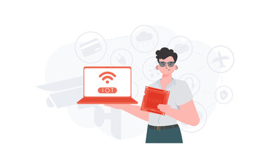 A man holds a laptop and a processor chip in his hands. IOT and automation concept. Vector illustration in trendy flat style.
