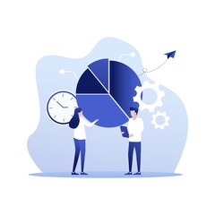 Analysts team coworking flat vector abstract illustration. Business analytics, data analysis concept. Employees teamwork and collaboration. Businessman character analyzing pie chart infographics.