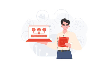 The guy holds a laptop and a processor chip in his hands. Internet of things concept. Vector illustration in trendy flat style.