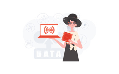 The girl is holding a laptop and a processor chip in her hands. IoT concept. Trendy flat style. Vector illustration.