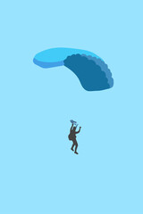 skydiver in the sky with opened blue parachute in the sky - vertical illustration
