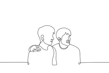 man introduces or introduces his male friend or partner to the company - one line drawing vector. concept of introducing a new person or referral