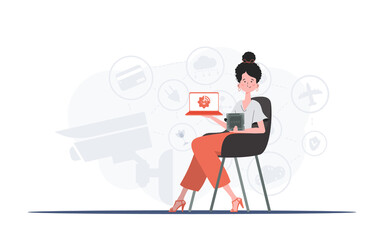 A woman holds a laptop and a processor chip in her hands. Internet of things concept. Trendy flat style. Vector illustration.