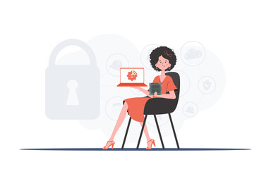 A woman holds a laptop and a processor chip in her hands. Internet of things concept. Vector.