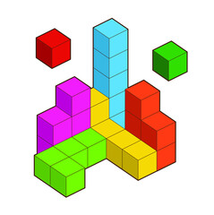 Crystal cube. 3D building block set. Isometric blocks. Abstract construction from isometric blocks tetris shapes. The concept of logical thinking, geometric shapes.