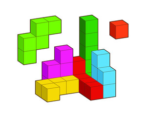 Crystal cube. 3D building block set. Isometric blocks. Abstract construction from isometric blocks tetris shapes. The concept of logical thinking, geometric shapes.