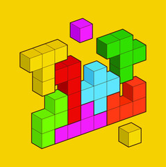 Crystal cube. 3D building block set. Isometric blocks. Abstract construction from isometric blocks tetris shapes. The concept of logical thinking, geometric shapes.