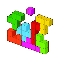 Crystal cube. 3D building block set. Isometric blocks. Abstract construction from isometric blocks tetris shapes. The concept of logical thinking, geometric shapes.