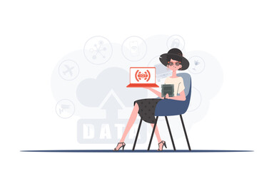 A woman holds a laptop and a processor chip in her hands. IoT concept. Vector.