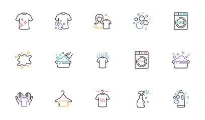 Laundry line icons. Dryer, Washing machine and dirt shirt. Laundromat, hand washing, laundry service icons. Linear set. Bicolor outline web elements. Vector