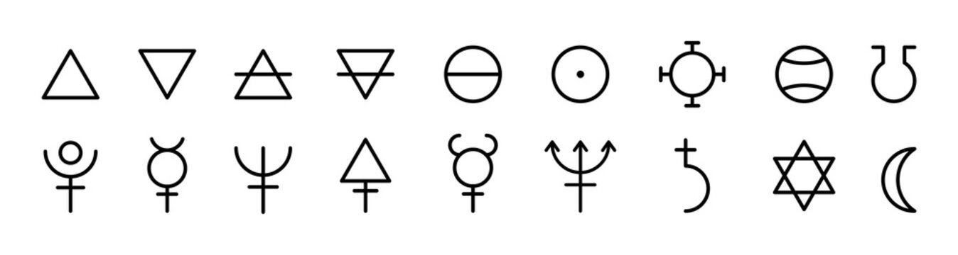 Alchemy, mystic vector icon. Astrology cosmic planet sign or icon. Alchemy astrology icon collection. Stock vector