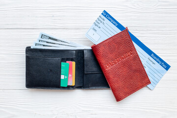 Travel documents - passport with tickets and wallet with money cash