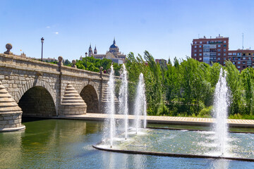 Madrid Rio Park. Views of the Madrid Río park next to the Manzanares river and green vegetation...