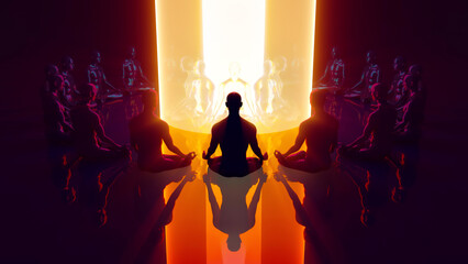 3d illustration group meditation in astral space - obrazy, fototapety, plakaty