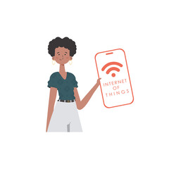 A woman holds a phone with the IoT logo in her hands. Internet of things and automation concept. Vector.