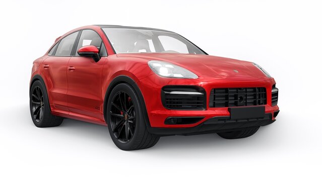 Berlin. Germany. June 12, 2022. Red Porsche Cayenne GTS Coupe 2020 on a white background. 3d model of a sports SUV in a coupe body. 3d rendering.