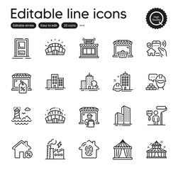 Set of Buildings outline icons. Contains icons as Electricity factory, Market sale and Skyscraper buildings elements. Arena stadium, Delivery market, House security web signs. Vector
