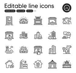 Set of Buildings outline icons. Contains icons as Electricity factory, Market sale and Skyscraper buildings elements. Arena stadium, Delivery market, House security web signs. Vector