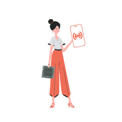 The girl is holding a phone with the IoT logo in her hands. IoT concept. Vector illustration in trendy flat style.