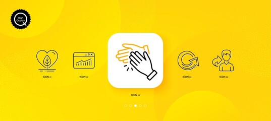 Fototapeta na wymiar Share, Reload and Clapping hands minimal line icons. Yellow abstract background. Website statistics, Local grown icons. For web, application, printing. Male user, Update, Clap. Data analysis. Vector