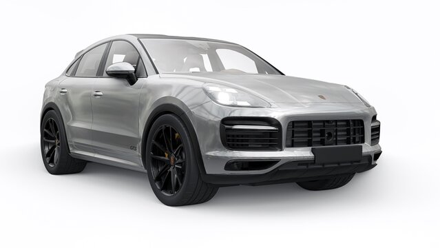 Berlin. Germany. June 12, 2022. Gray Porsche Cayenne GTS Coupe 2020 on a white background. 3d model of a sports SUV in a coupe body. 3d rendering.