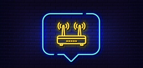 Neon light speech bubble. Wifi router line icon. Computer component sign. Internet symbol. Neon light background. Wifi glow line. Brick wall banner. Vector