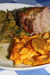 Meat with potatoes close up traditional greek food porn modern high quality prints